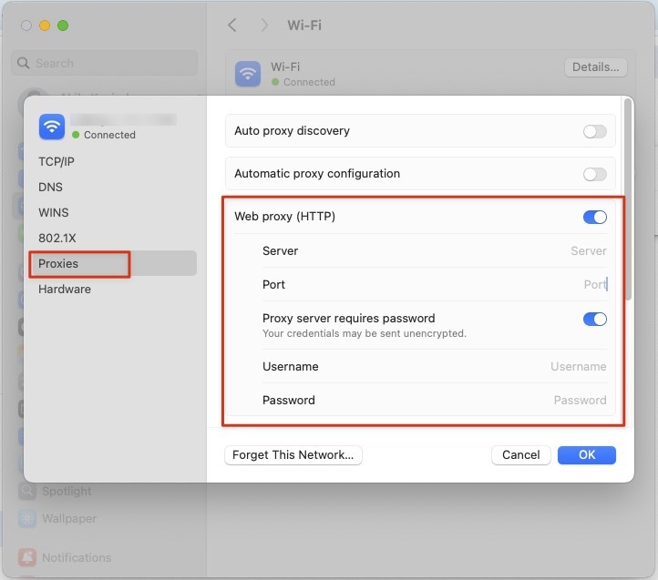 Under Web Proxy Server, input your proxy details.