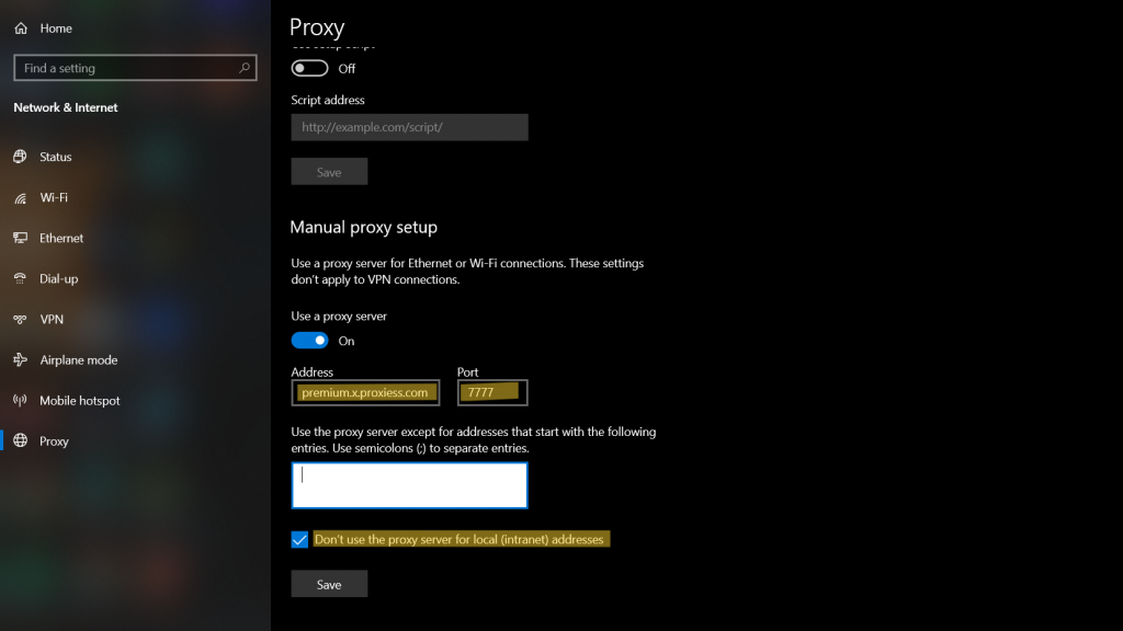 Manual proxy setup