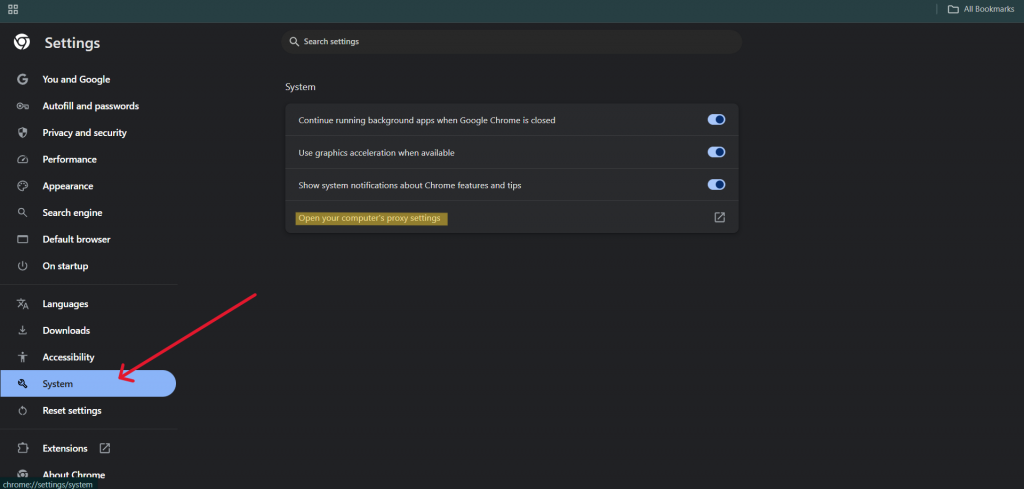  Go to System.Click Open your computer’s proxy settings. 